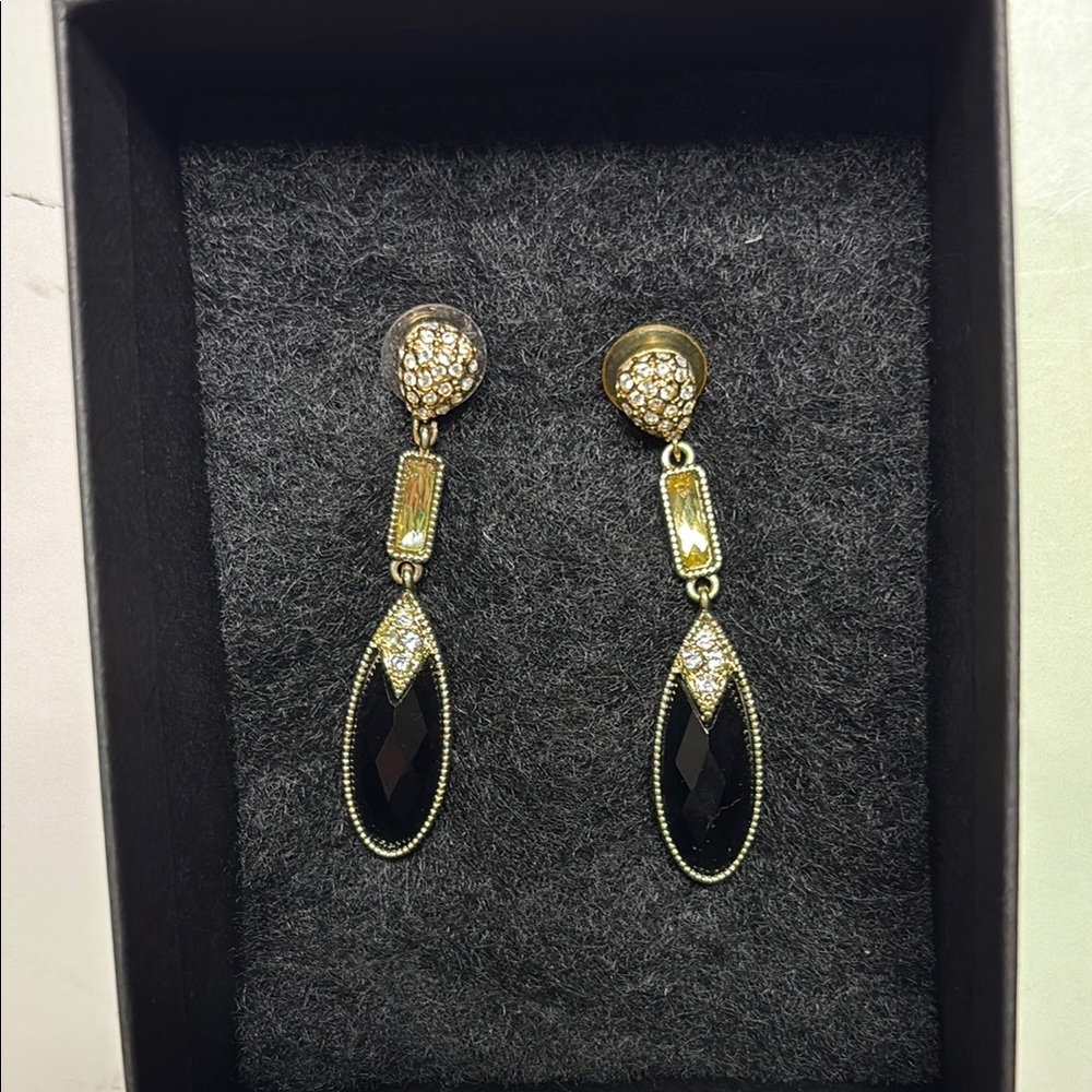 Faux black onyx tear drop earrings with gold rhinestones and Yellow stone